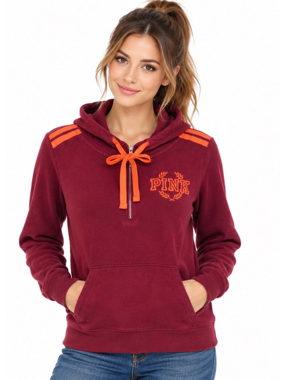 Y2K PINK Victoria’s Secret Burgundy Pullover Hoodie Logo Lace-Up academy size S